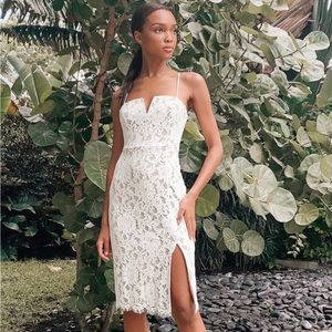 Lulu's Amazing Allure White Crochet Lace Bodycon Midi Dress.